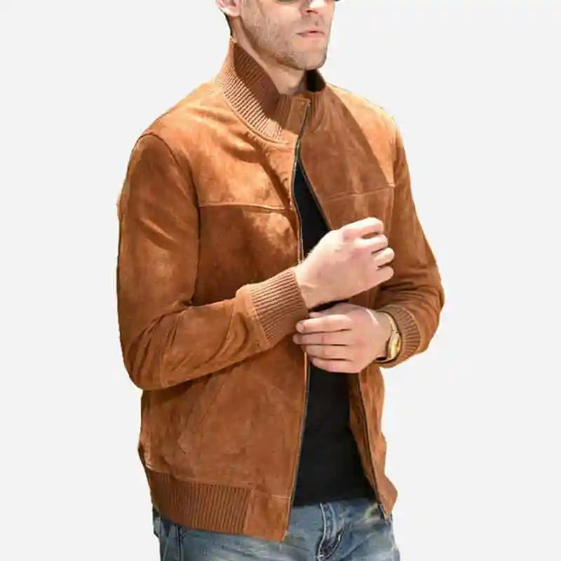 Men's Brown Suede Leather Bomber Jacket