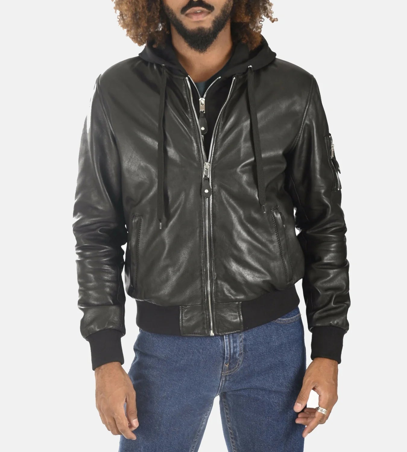 Men’s Teddy Ball Black Genuine Leather Removable Hooded Jacket
