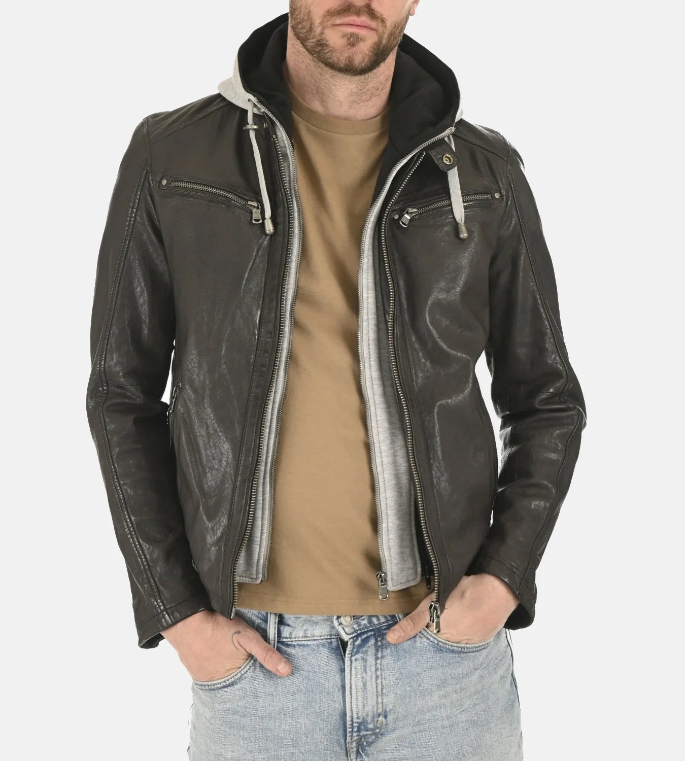 Men’s Winston Dark Brown Hoodie Leather Jacket