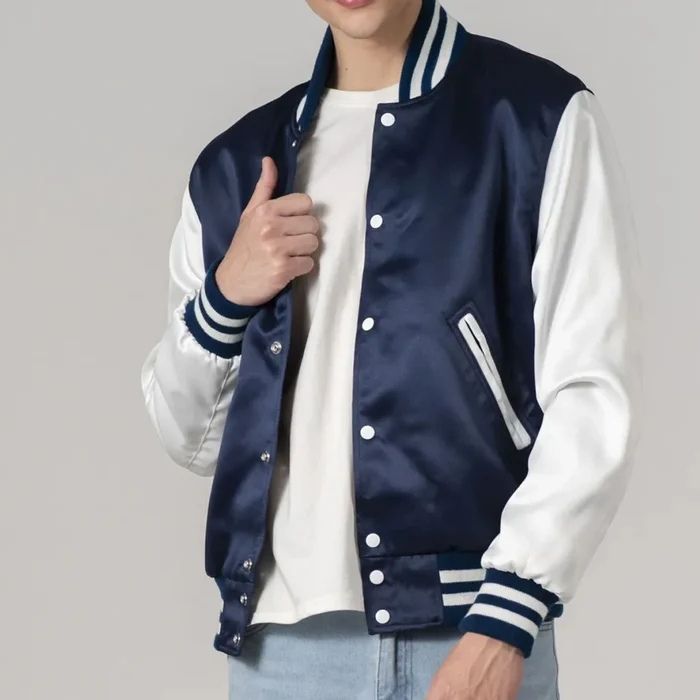 Navy Blue Satin And White Sleeves Varsity Jacket