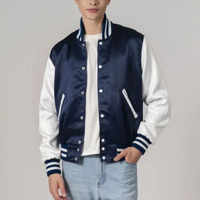 Navy Blue Satin And White Sleeves Varsity Jacket