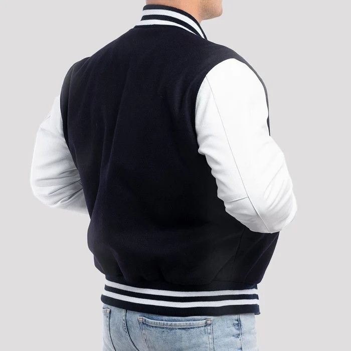Black Wool Body & Bright White Leather Sleeves Varsity Jacket