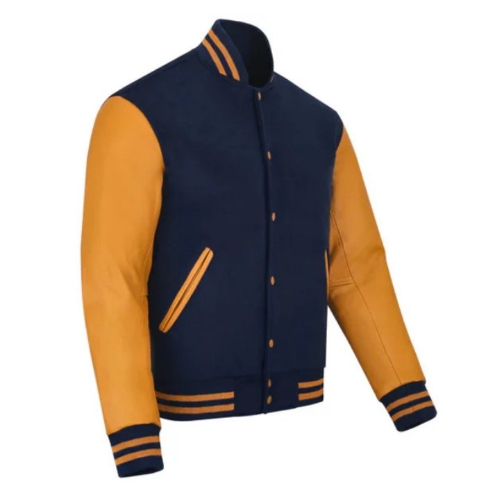 Navy Blue Wool Body & Bright Gold Leather Sleeves Varsity Jacket