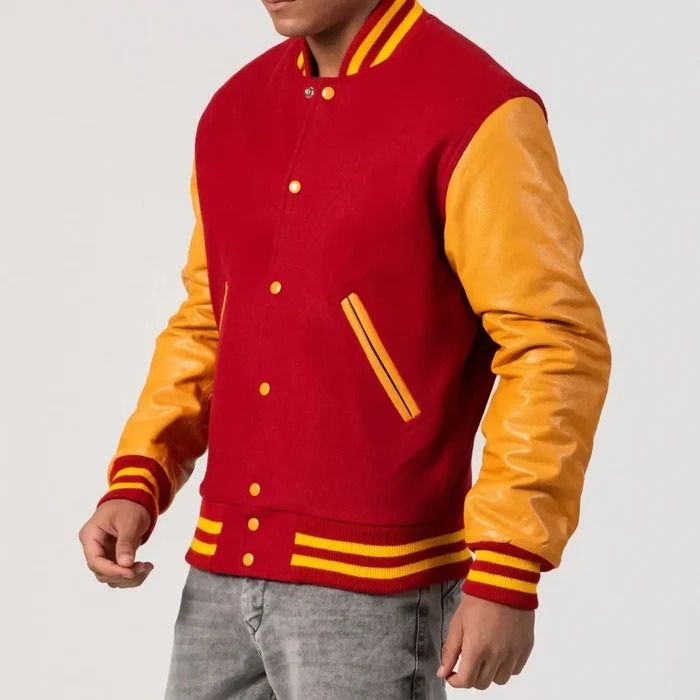 Red Body & Bright Gold Leather Sleeves Varsity Jacket