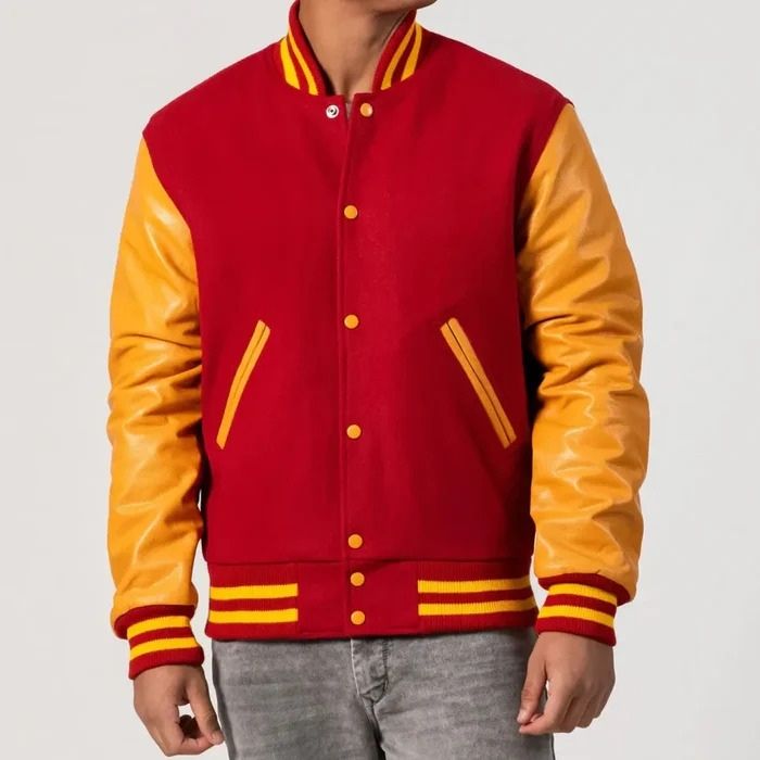 Red Body & Bright Gold Leather Sleeves Varsity Jacket