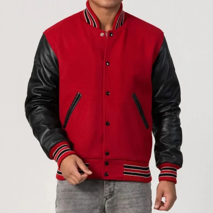 Red Wool Body & Black Sleeves White Stripes Varsity Jacket