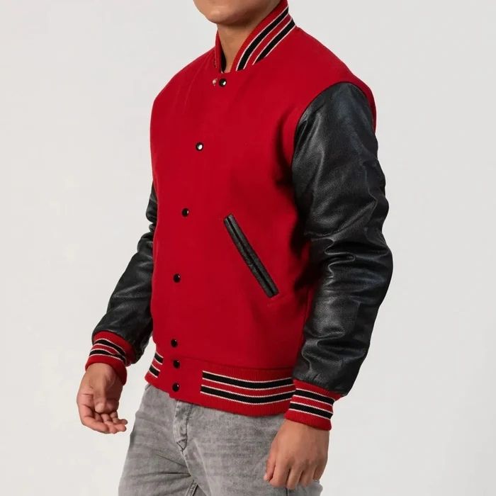 Red Wool Body & Black Sleeves White Stripes Varsity Jacket