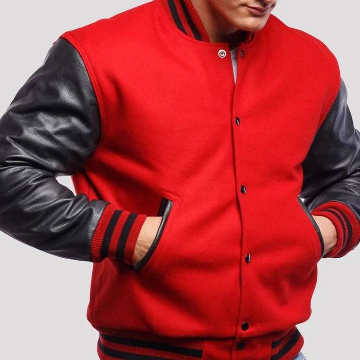 Red Wool Body & Black Leather Sleeves Varsity Jacket