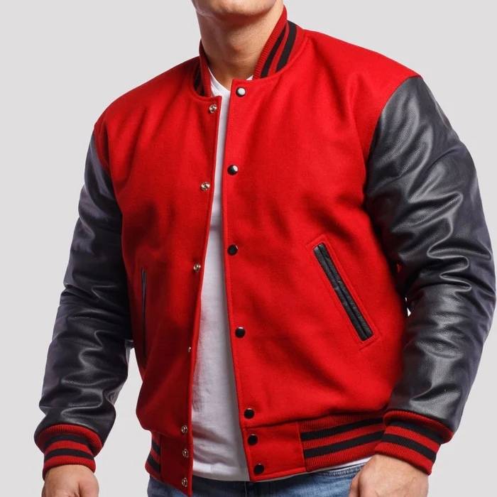 Red Wool Body & Black Leather Sleeves Varsity Jacket