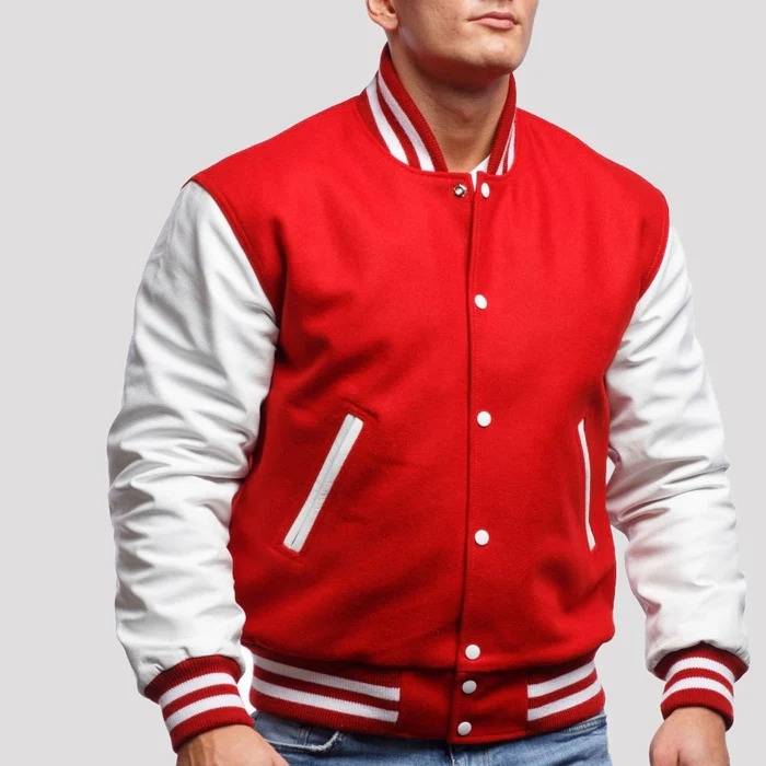 Red Wool Varsity Jacket with White Leather Sleeves