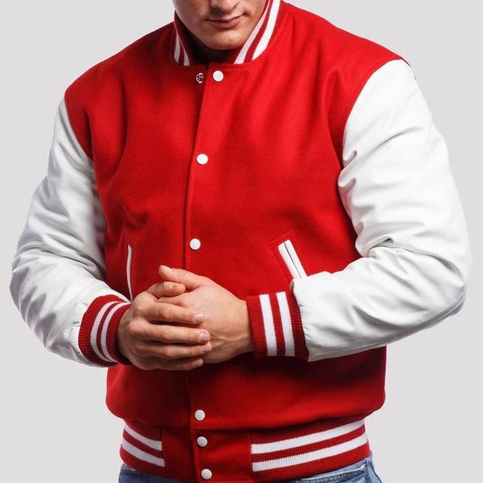 Red Wool Varsity Jacket with White Leather Sleeves