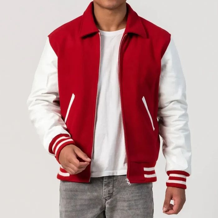 Red Wool Body & White Leather Sleeves Zipper Style Collar Jacket