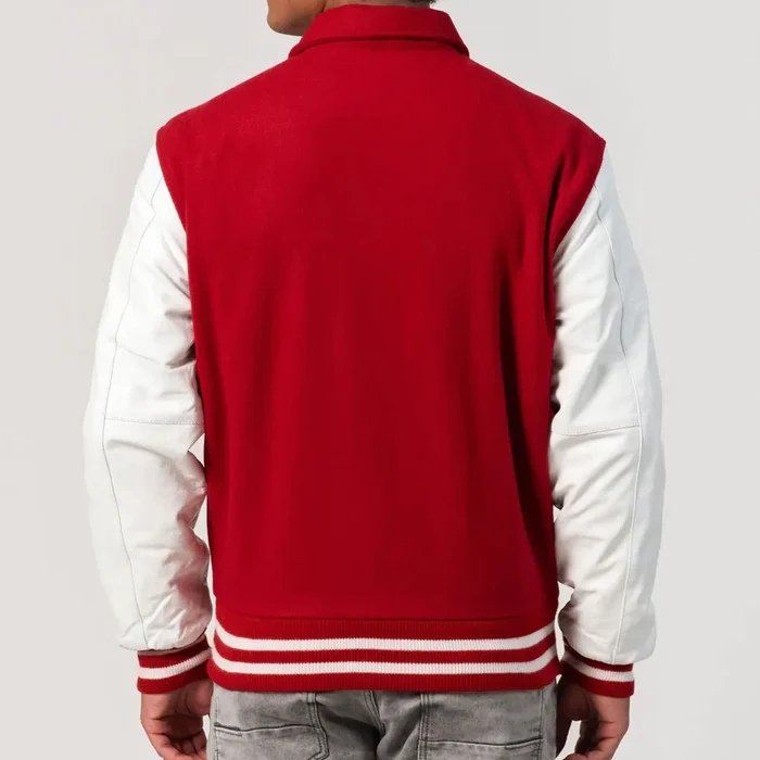 Red Wool Body & White Leather Sleeves Zipper Style Collar Jacket
