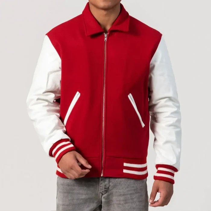 Red Wool Body & White Leather Sleeves Zipper Style Collar Jacket