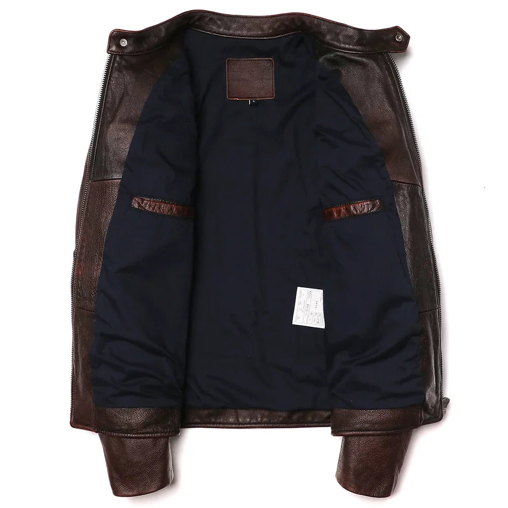 2026 Vintage Brown Genuine Leather Jacket Real Natural Cowhide Men Motorcycle Biker Coat Mens Slim Calf Skin Coat