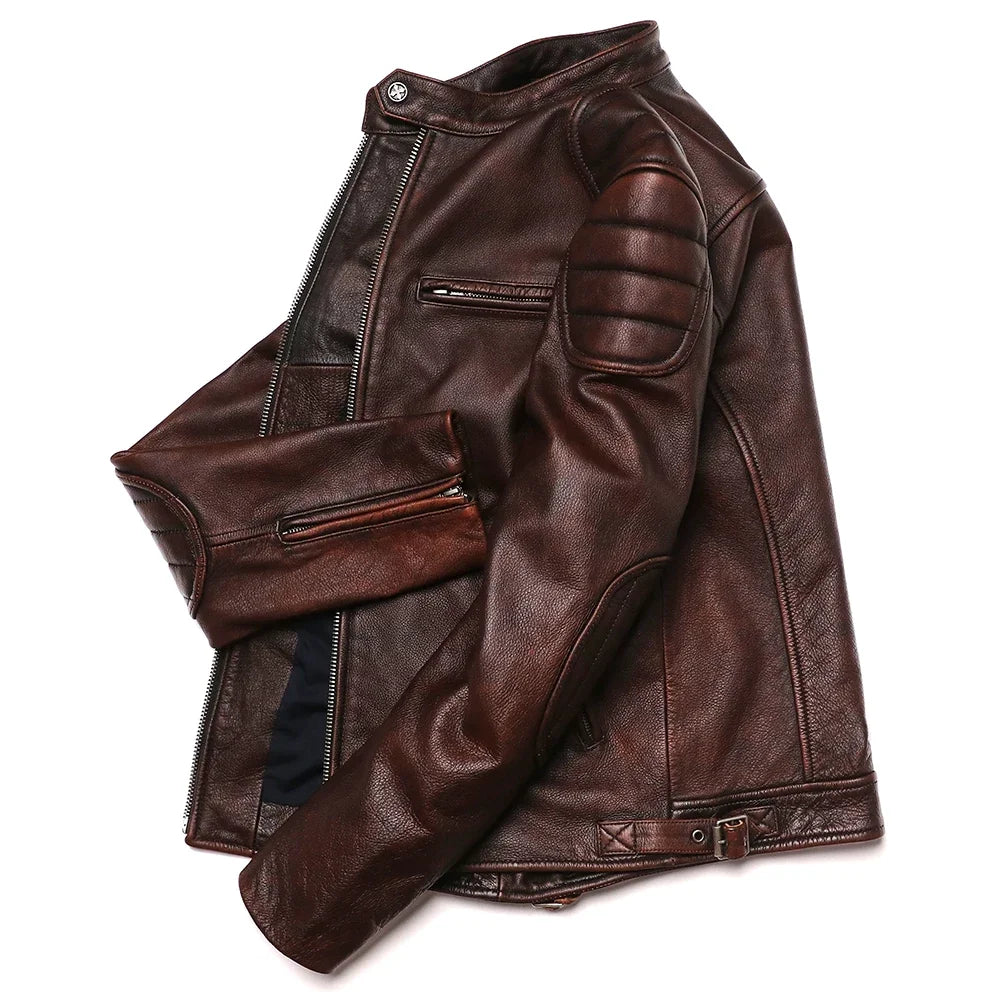 2026 Vintage Brown Genuine Leather Jacket Real Natural Cowhide Men Motorcycle Biker Coat Mens Slim Calf Skin Coat