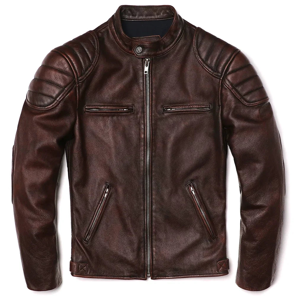 2026 Vintage Brown Genuine Leather Jacket Real Natural Cowhide Men Motorcycle Biker Coat Mens Slim Calf Skin Coat