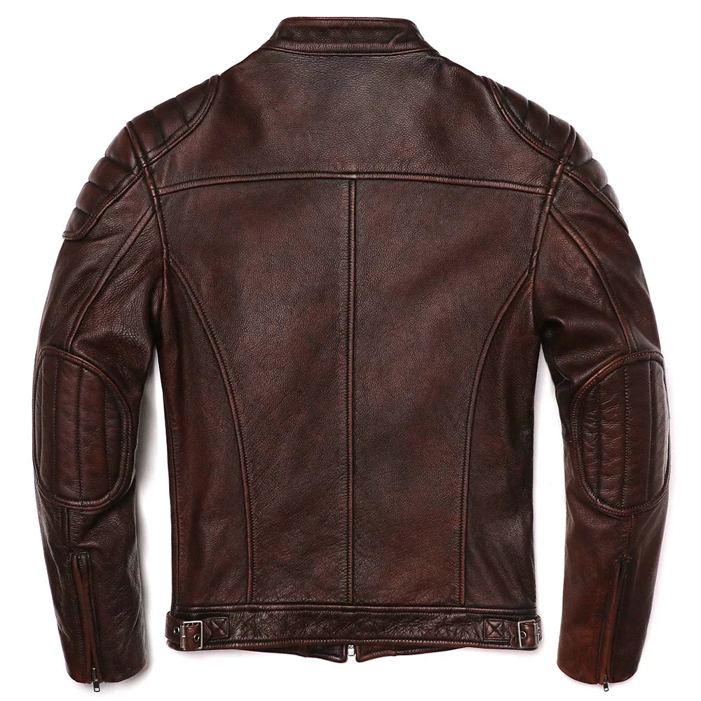2026 Vintage Brown Genuine Leather Jacket Real Natural Cowhide Men Motorcycle Biker Coat Mens Slim Calf Skin Coat