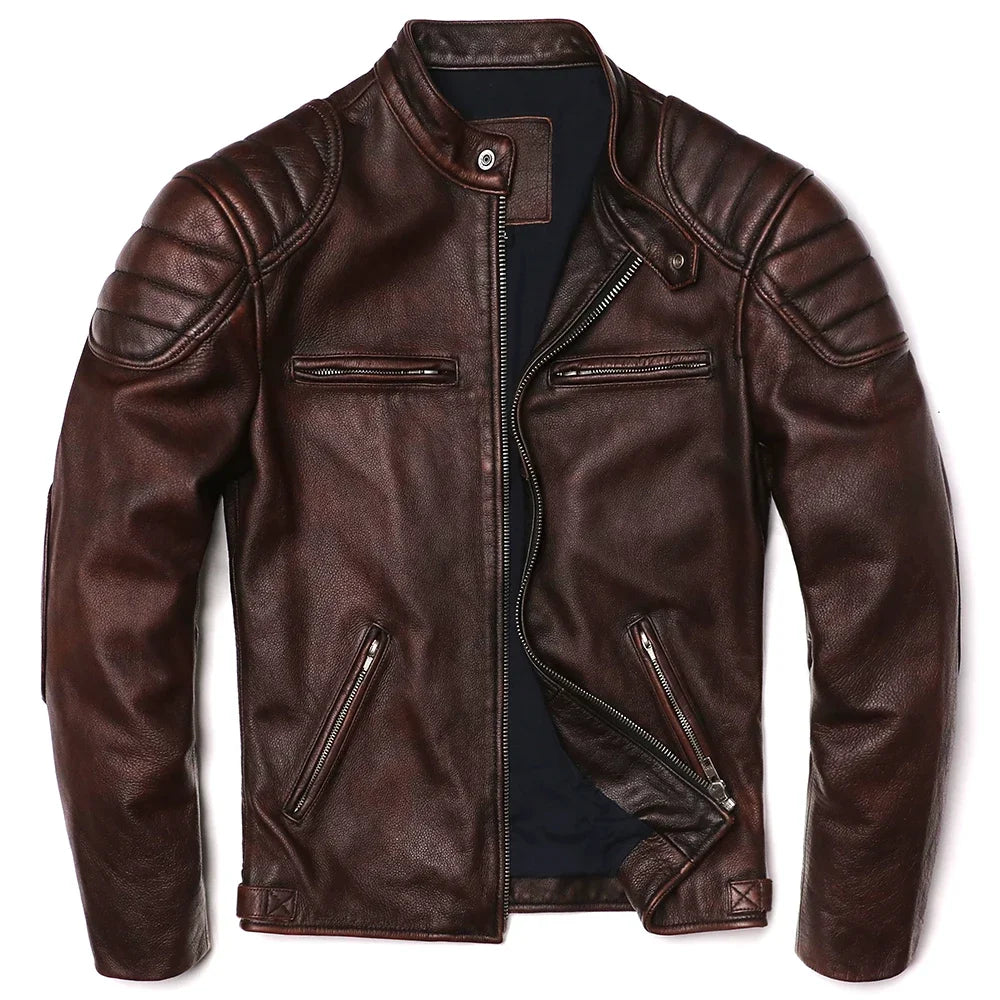 2026 Vintage Brown Genuine Leather Jacket Real Natural Cowhide Men Motorcycle Biker Coat Mens Slim Calf Skin Coat
