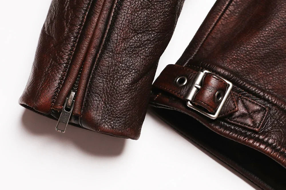 2026 Vintage Brown Genuine Leather Jacket Real Natural Cowhide Men Motorcycle Biker Coat Mens Slim Calf Skin Coat