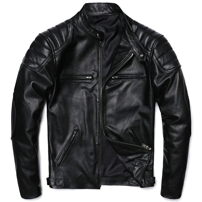 2026 Vintage Brown Genuine Leather Jacket Real Natural Cowhide Men Motorcycle Biker Coat Mens Slim Calf Skin Coat