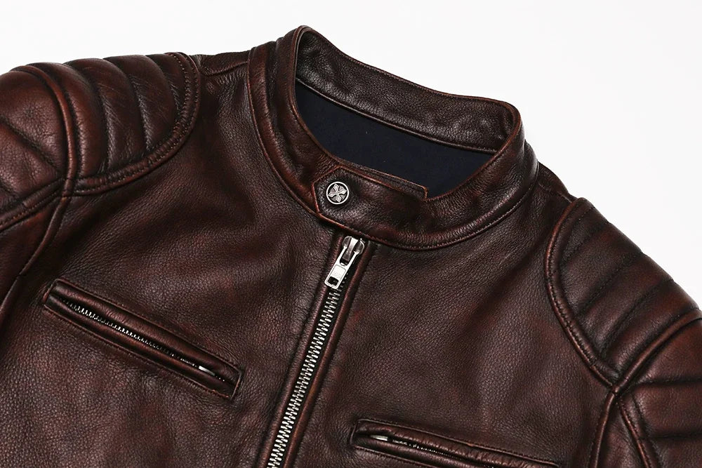 2026 Vintage Brown Genuine Leather Jacket Real Natural Cowhide Men Motorcycle Biker Coat Mens Slim Calf Skin Coat
