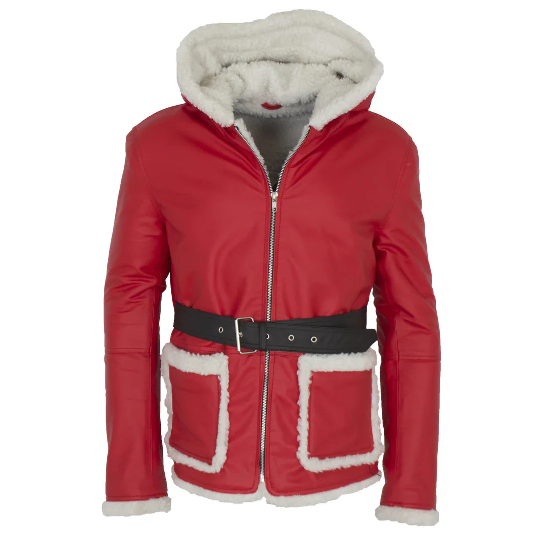 Santa Red Shearling Faux Fur Leather Jacket