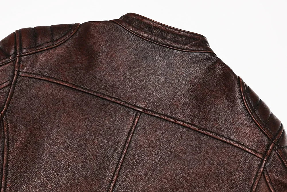 2026 Vintage Brown Genuine Leather Jacket Real Natural Cowhide Men Motorcycle Biker Coat Mens Slim Calf Skin Coat