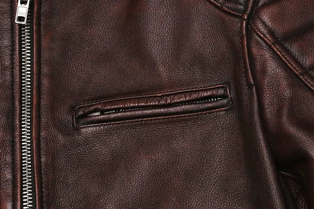 2026 Vintage Brown Genuine Leather Jacket Real Natural Cowhide Men Motorcycle Biker Coat Mens Slim Calf Skin Coat