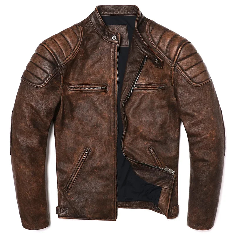 2026 Vintage Brown Genuine Leather Jacket Real Natural Cowhide Men Motorcycle Biker Coat Mens Slim Calf Skin Coat