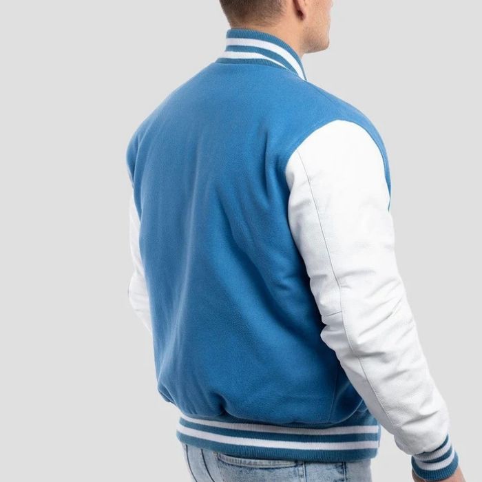 Sky Blue Wool Body & Bright White Leather Sleeves Varsity Jacket