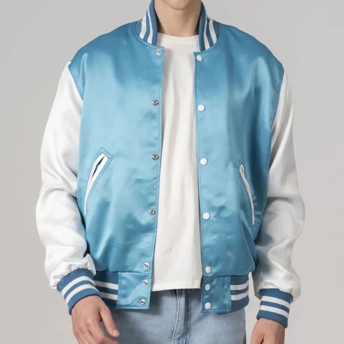 Sky Blue Satin And White Sleeves Varsity Jacket