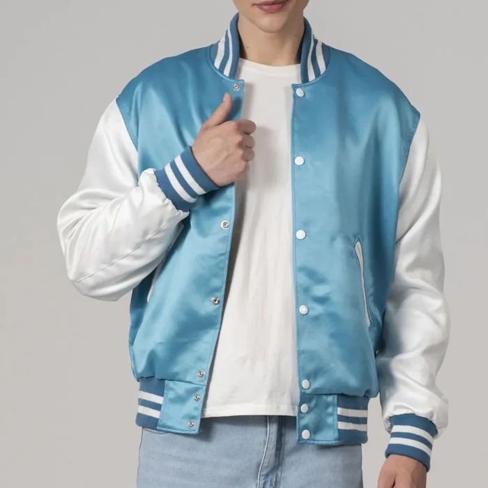 Sky Blue Satin And White Sleeves Varsity Jacket