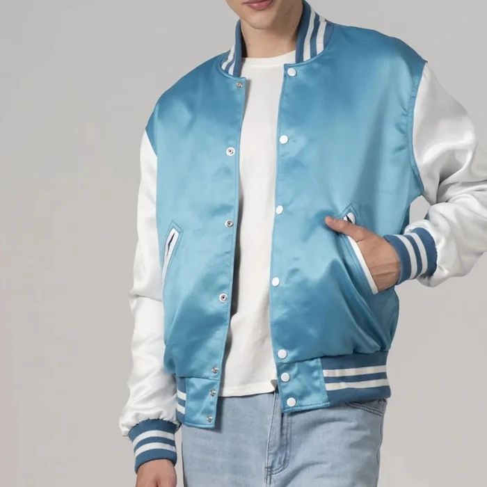 Sky Blue Satin And White Sleeves Varsity Jacket