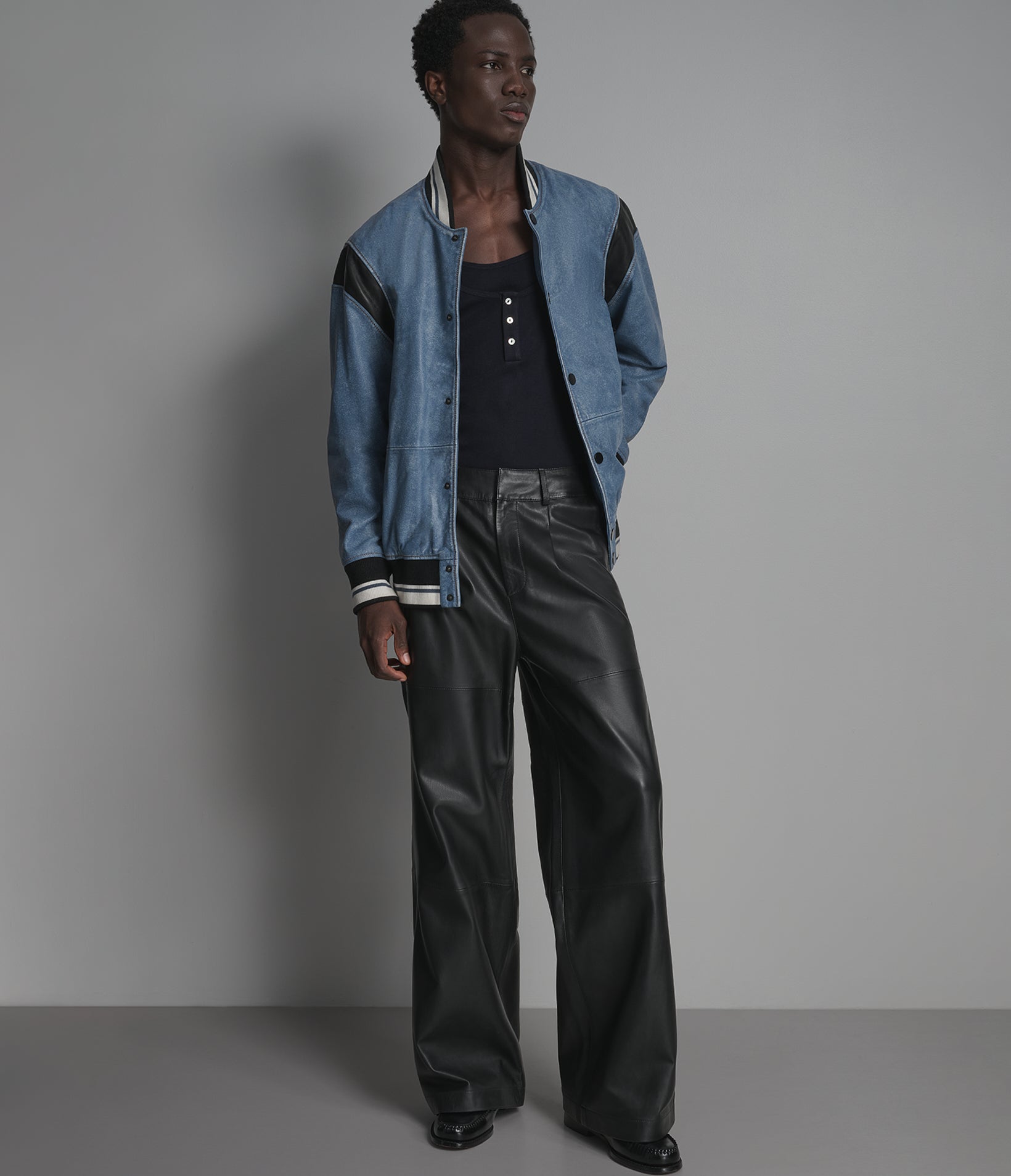 SIMON LEATHER DENIM LETTERMAN JACKET