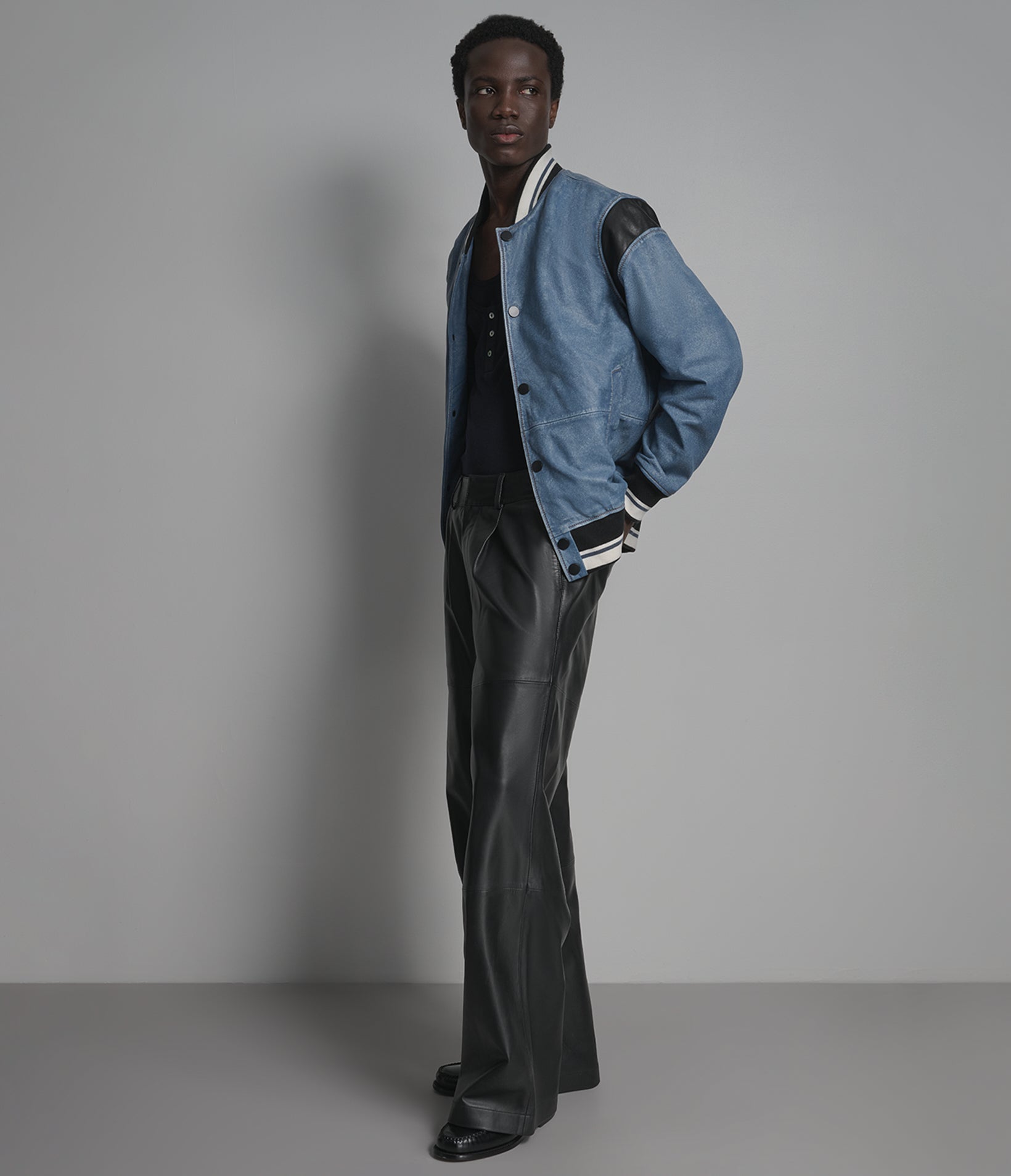 SIMON LEATHER DENIM LETTERMAN JACKET