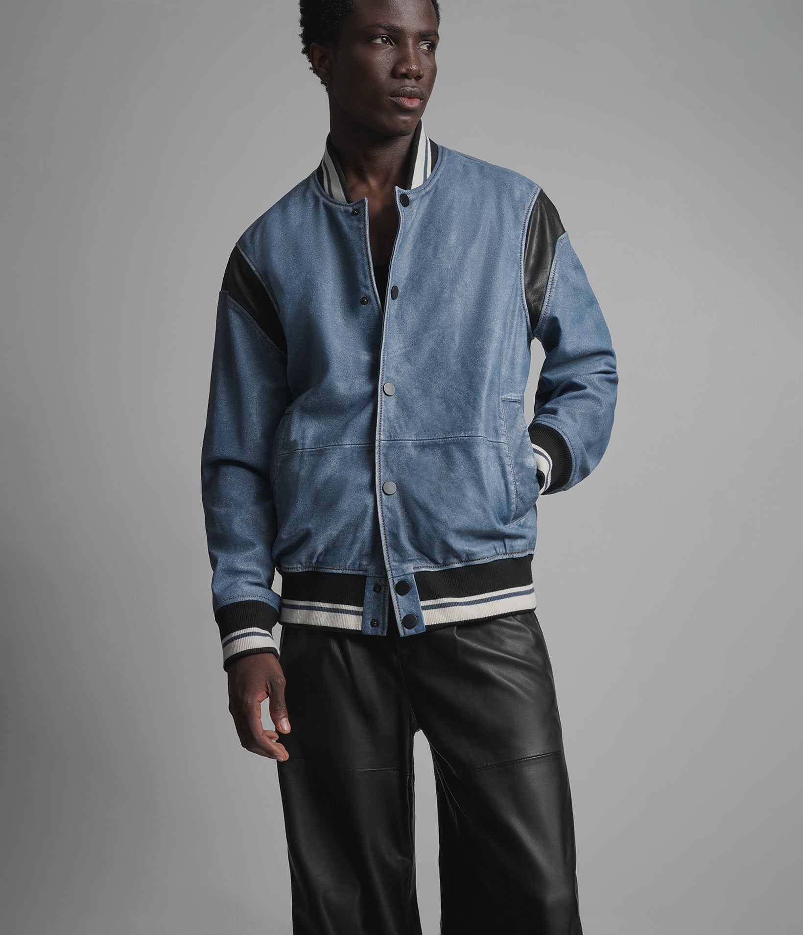 SIMON LEATHER DENIM LETTERMAN JACKET
