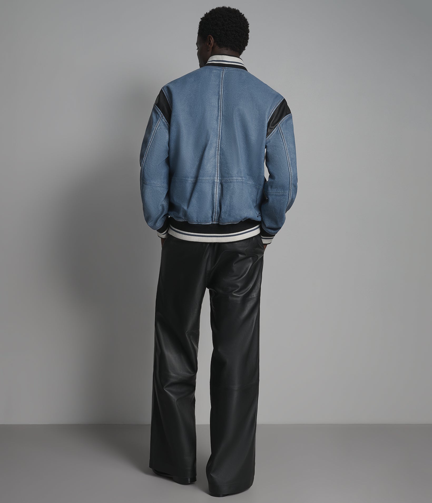 SIMON LEATHER DENIM LETTERMAN JACKET
