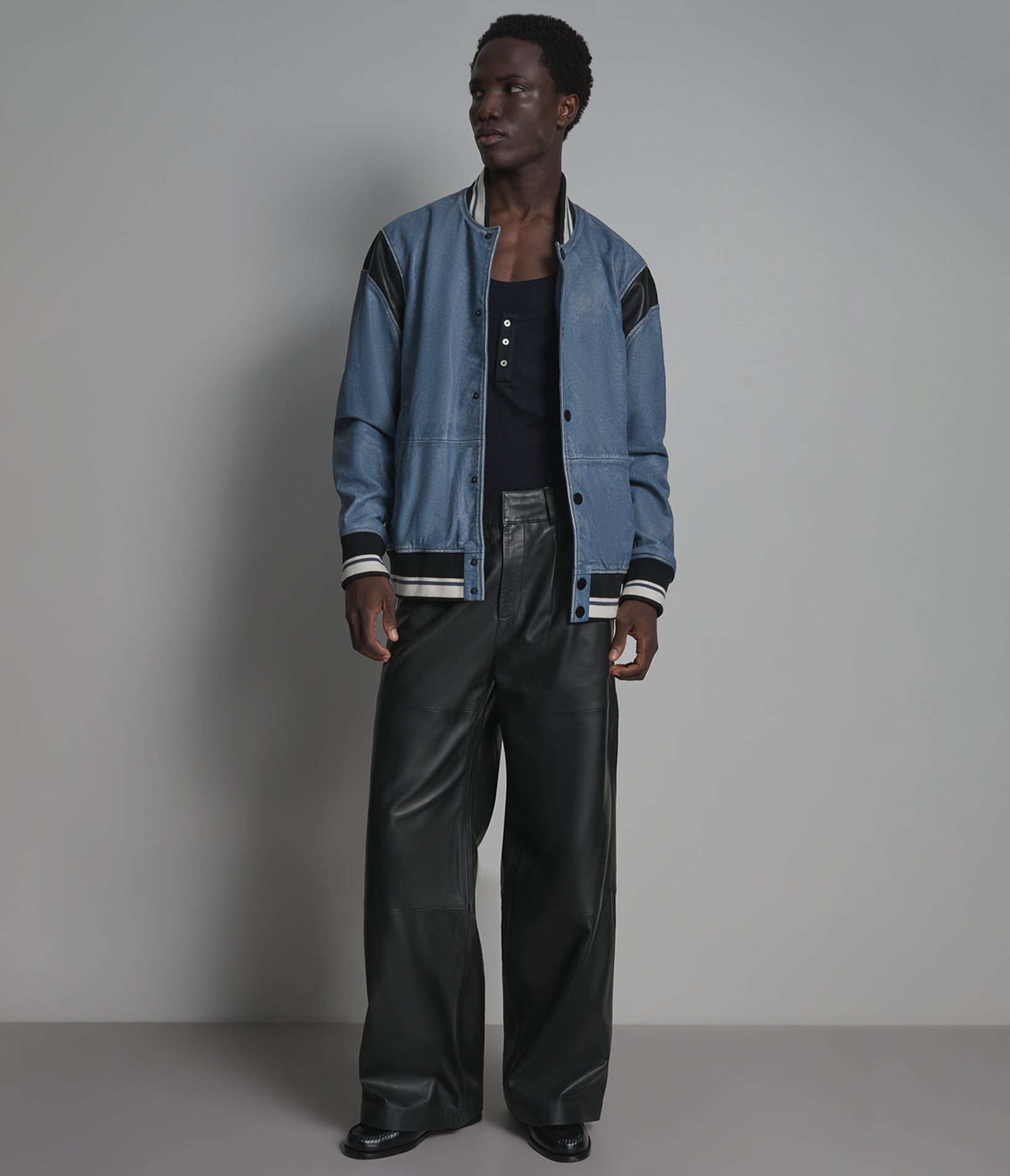 SIMON LEATHER DENIM LETTERMAN JACKET