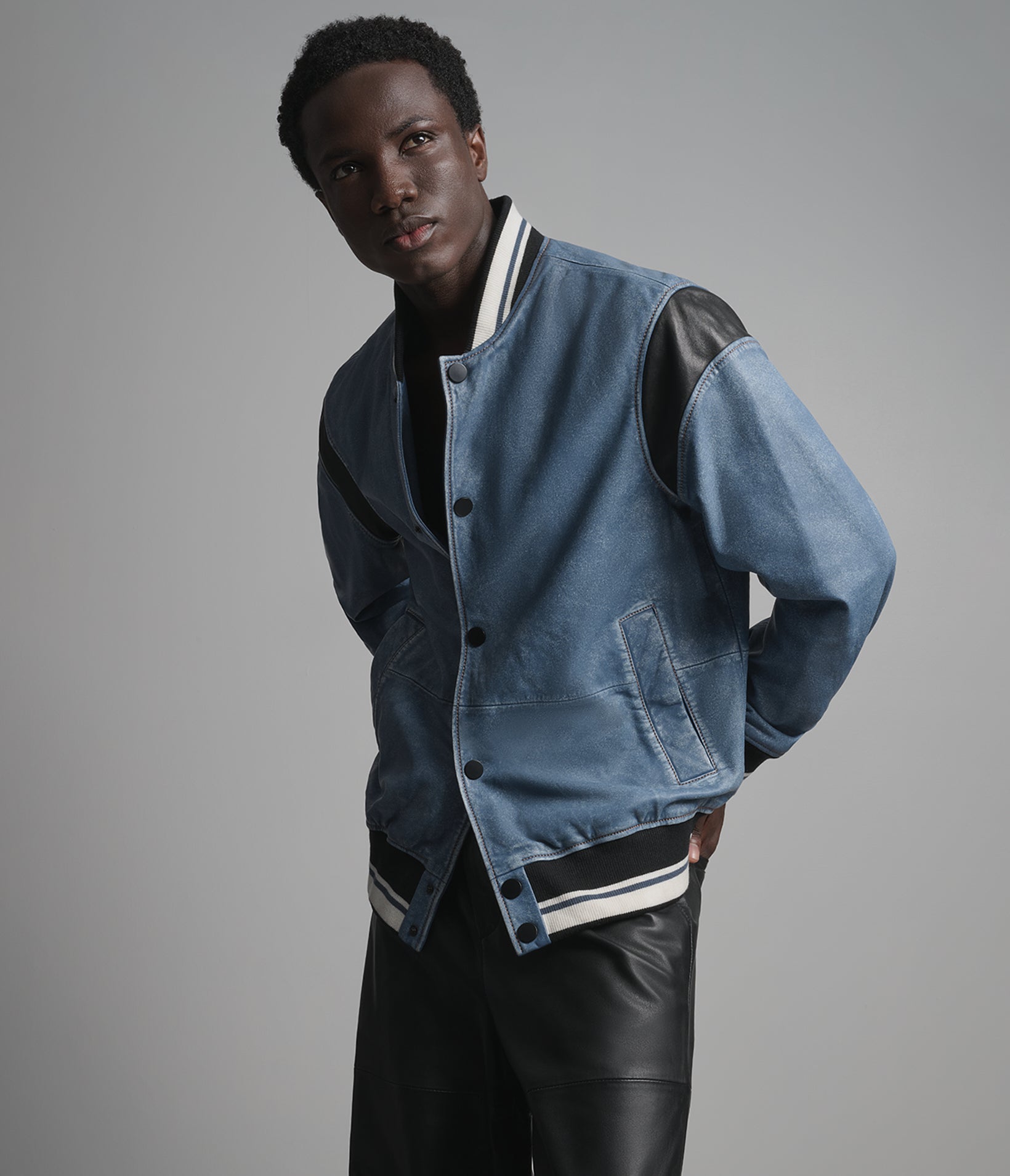SIMON LEATHER DENIM LETTERMAN JACKET