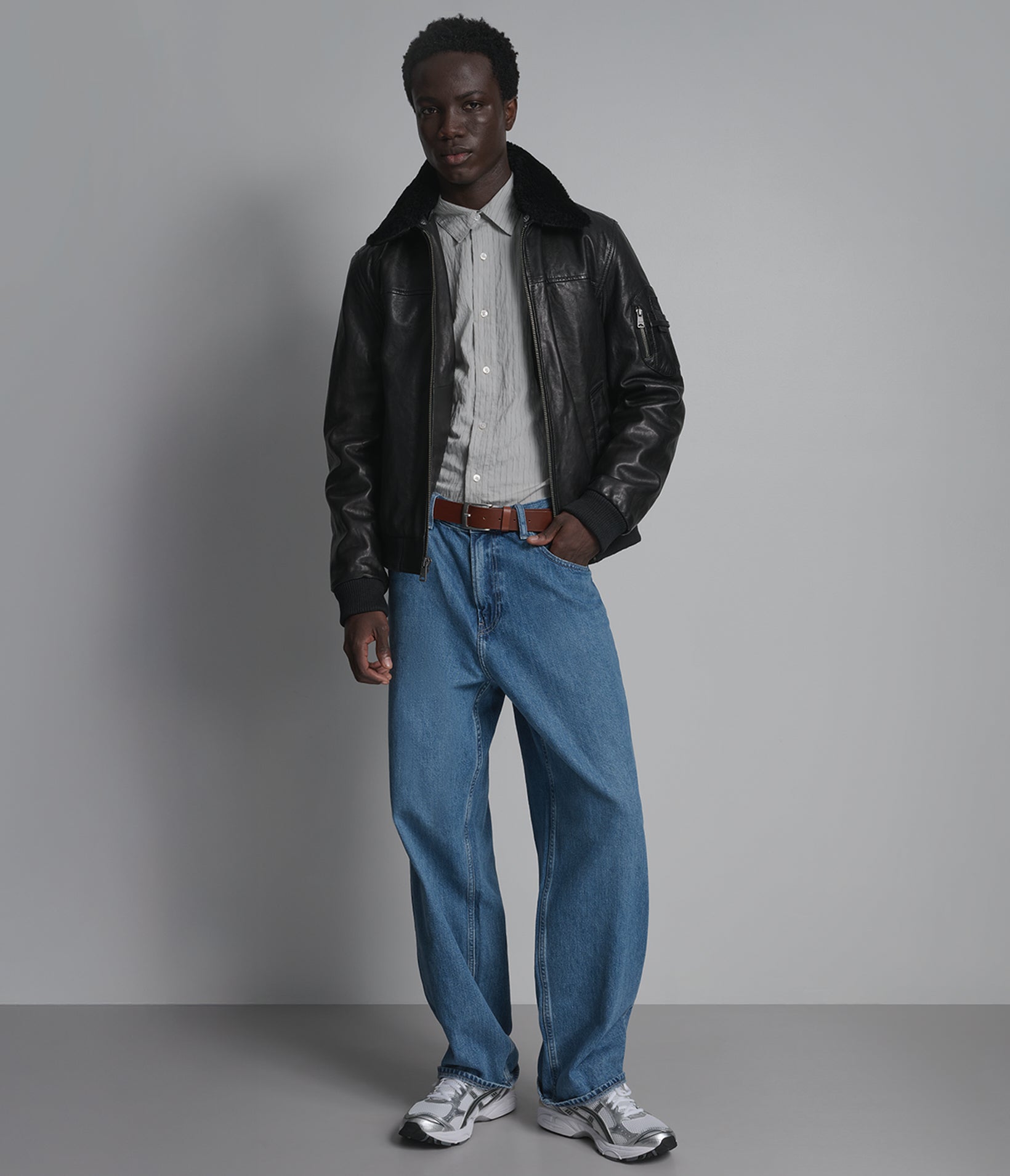 Ace Leather Bomber Jacket with Shearling Collar