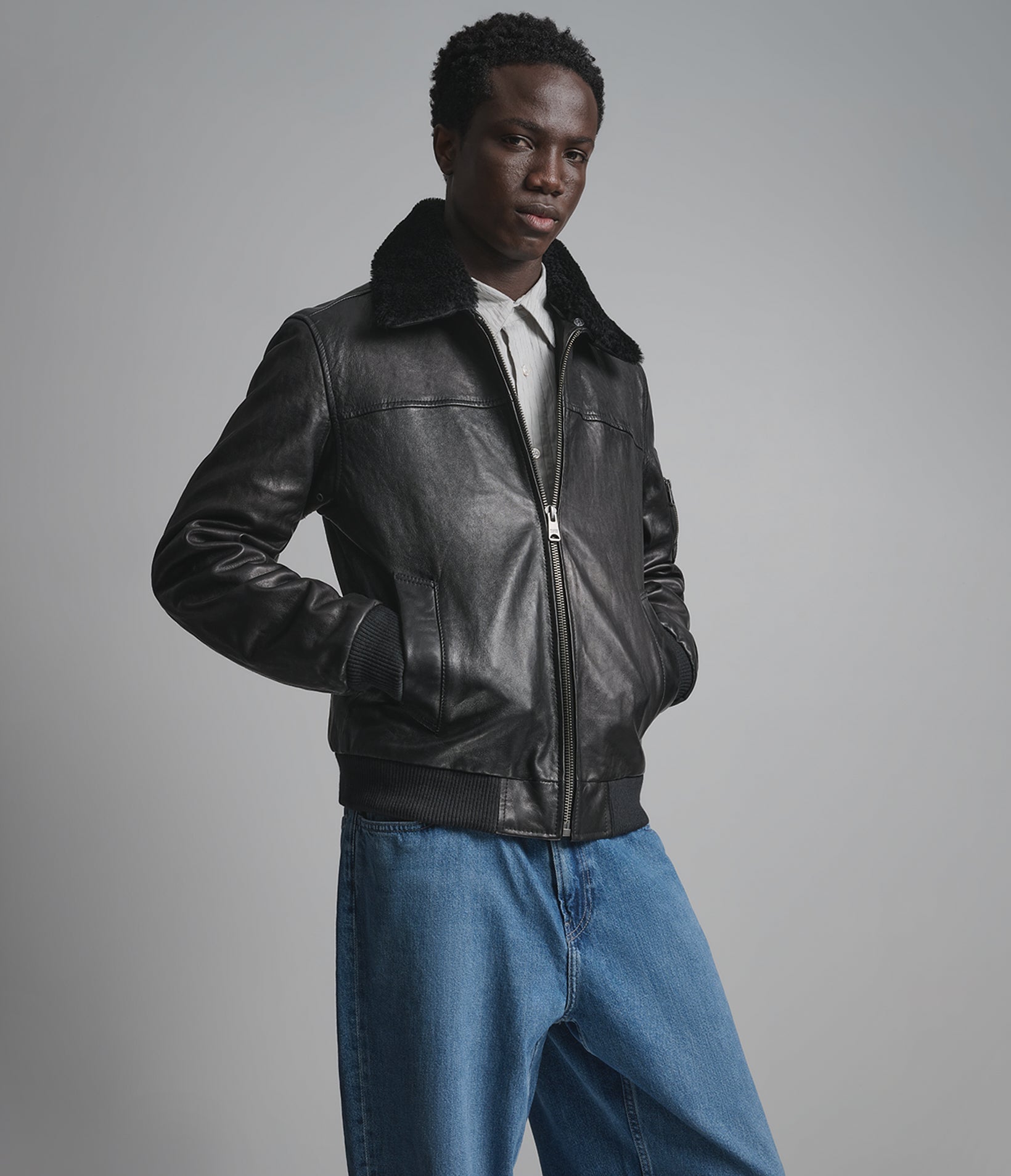Ace Leather Bomber Jacket with Shearling Collar