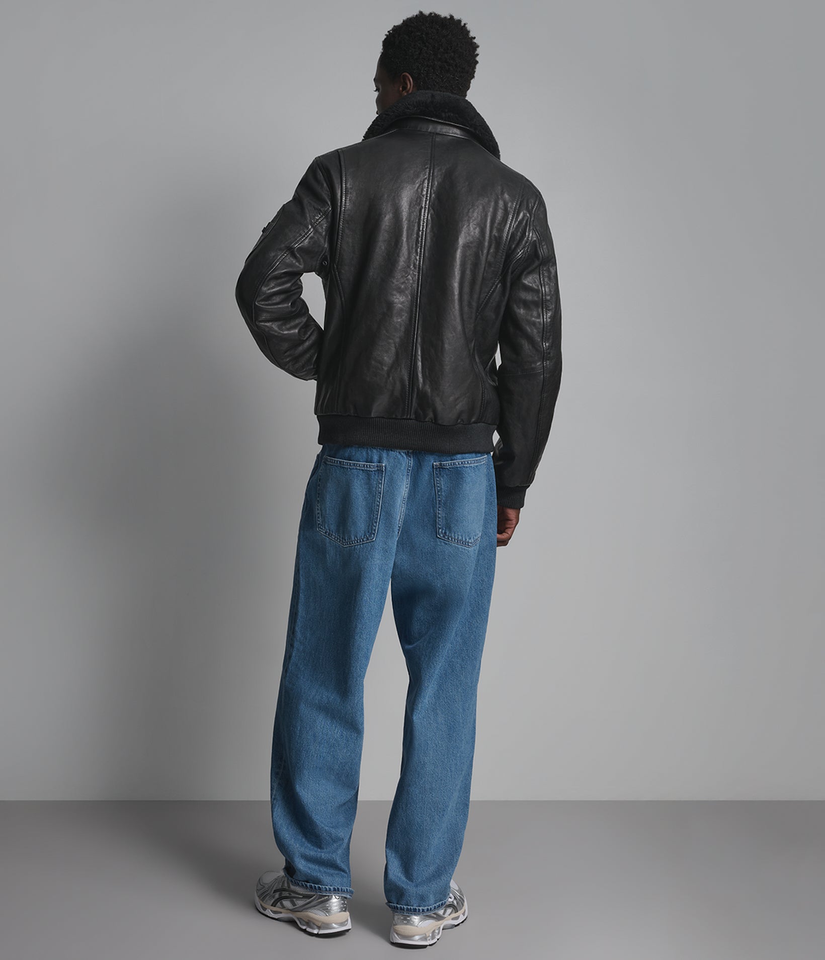 Ace Leather Bomber Jacket with Shearling Collar