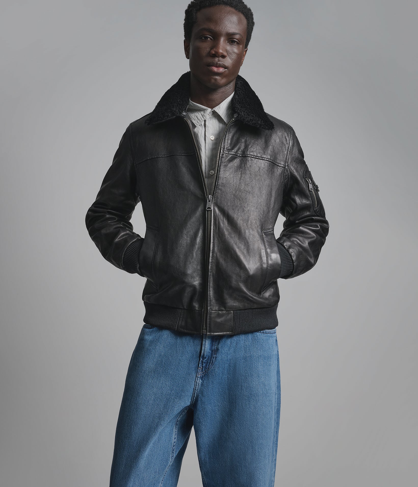 Ace Leather Bomber Jacket with Shearling Collar