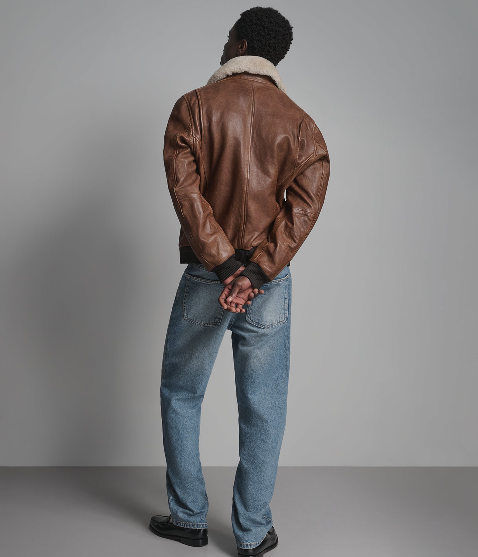 Ace Leather Bomber Jacket with Shearling Collar