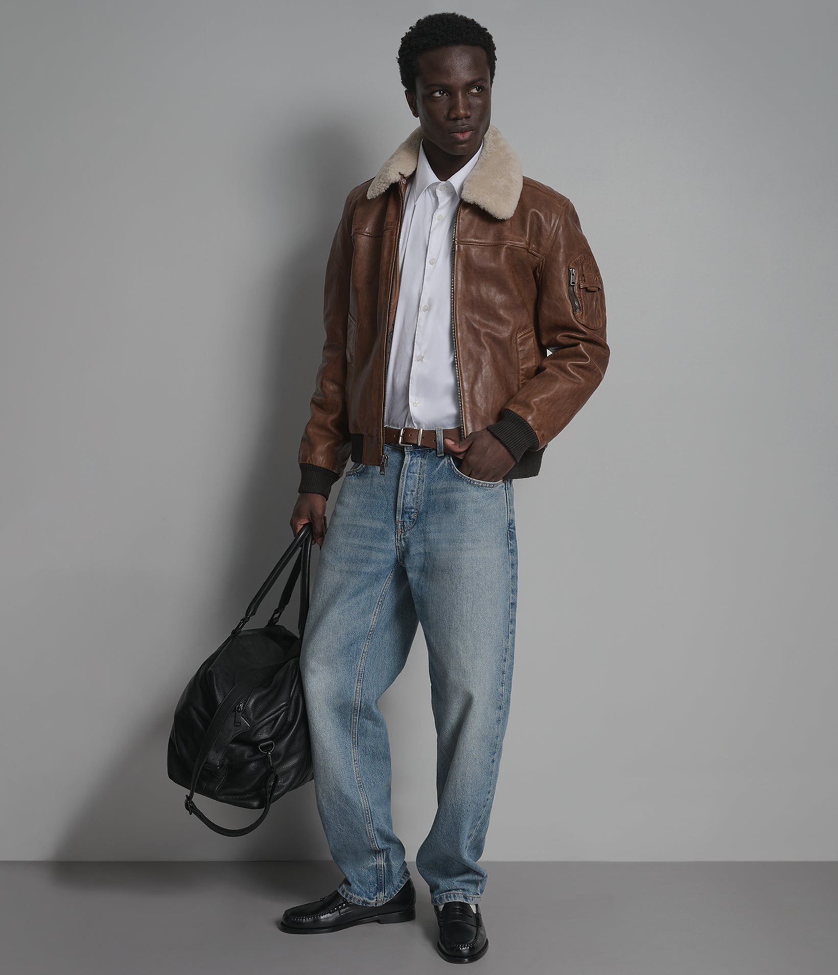 Ace Leather Bomber Jacket with Shearling Collar