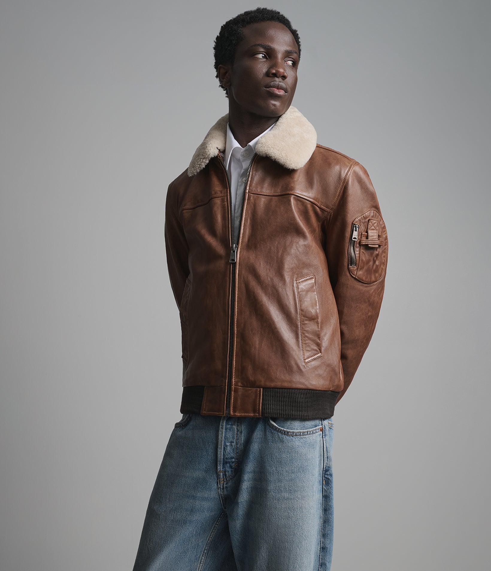Ace Leather Bomber Jacket with Shearling Collar