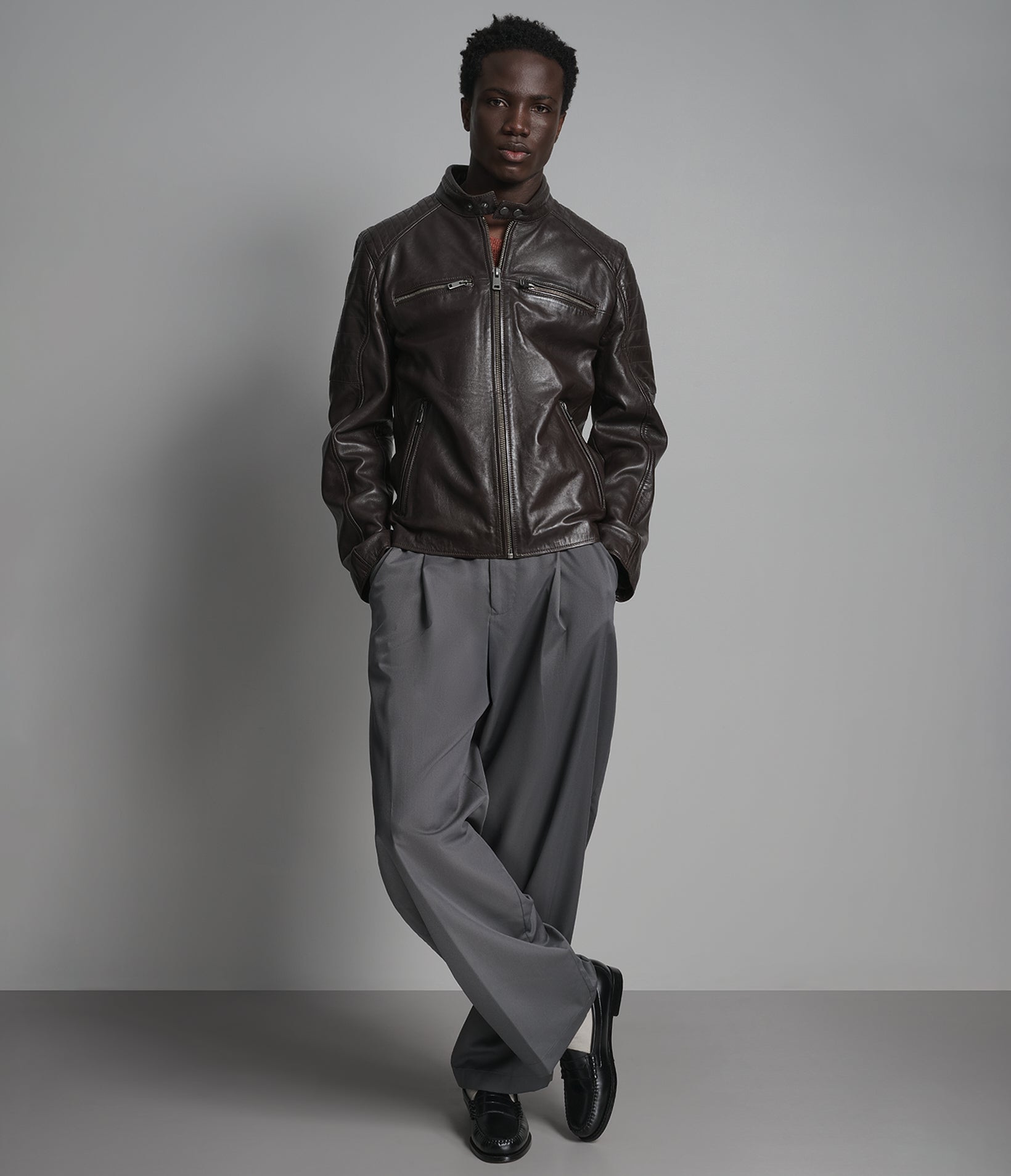 Lance Collarless Leather Moto Jacket