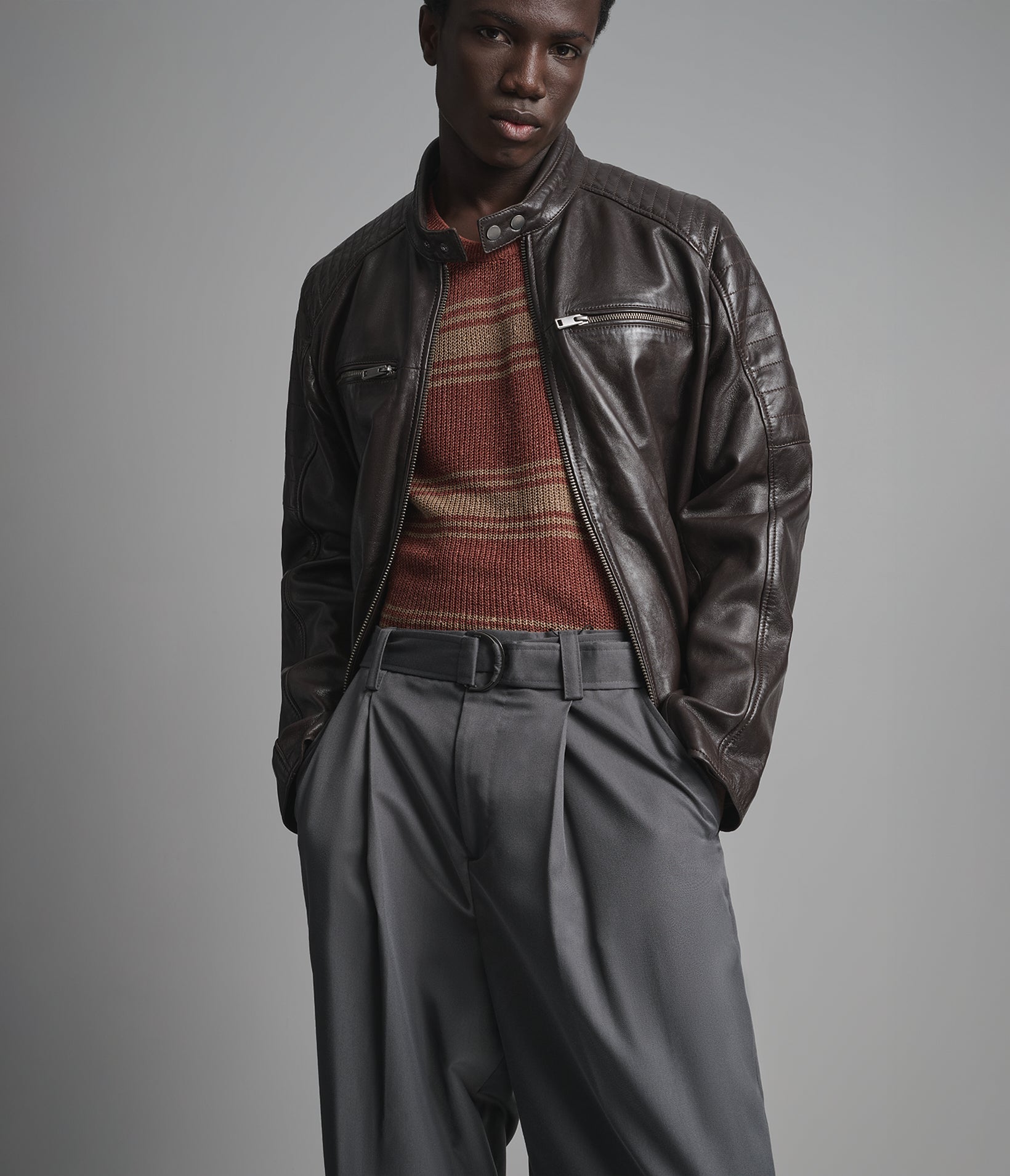 Lance Collarless Leather Moto Jacket