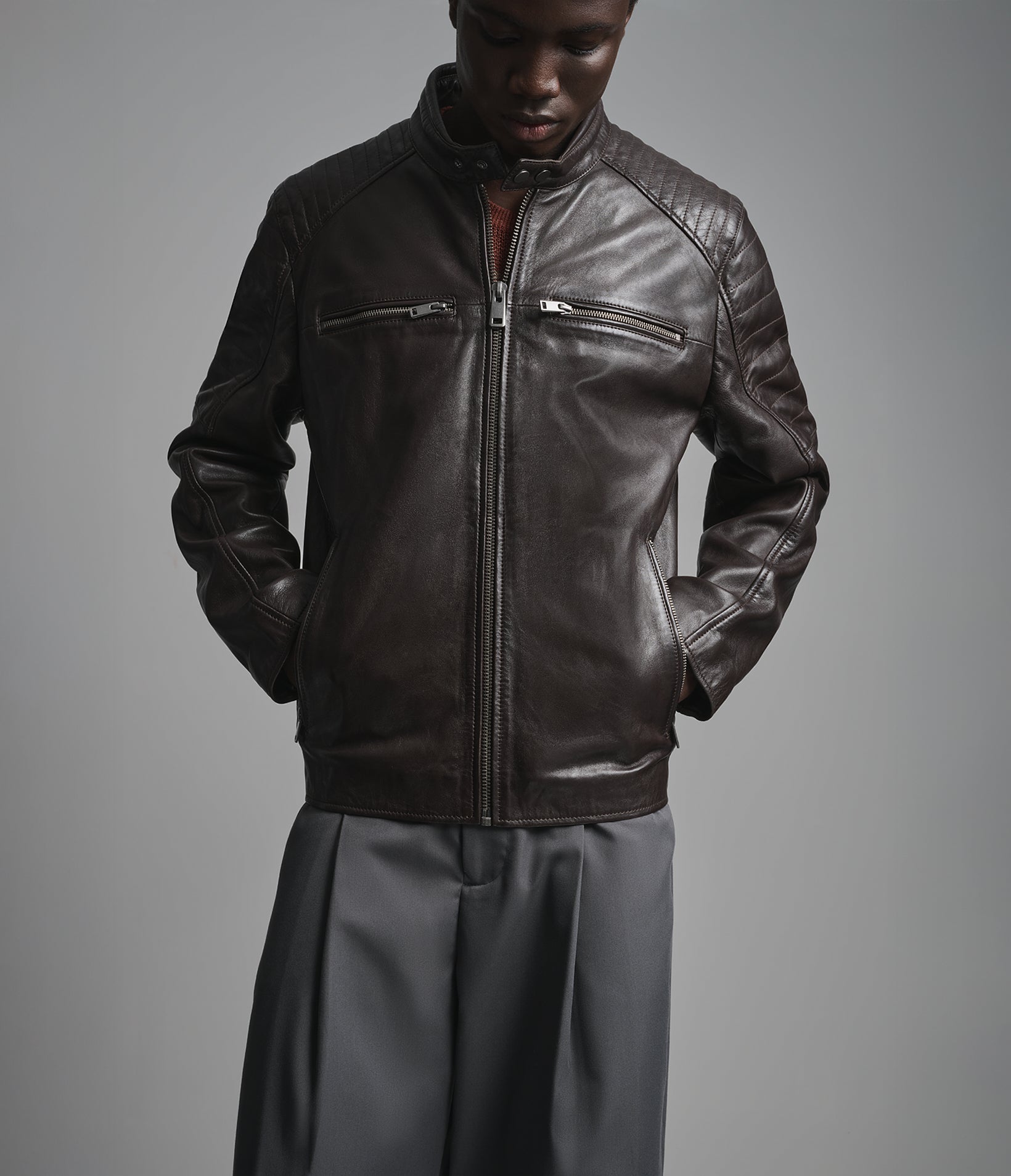 Lance Collarless Leather Moto Jacket